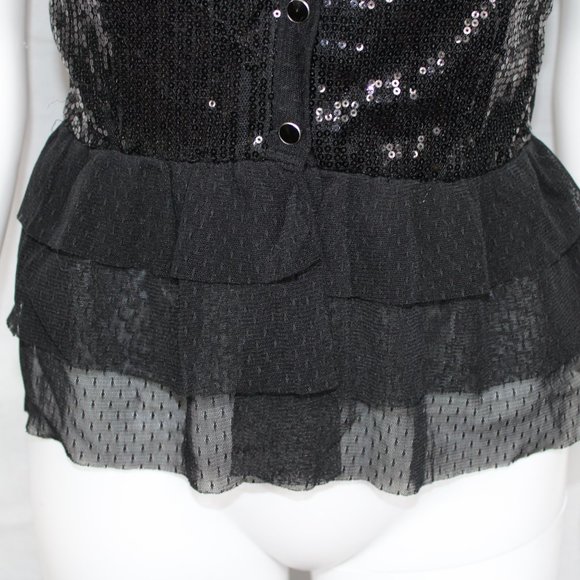 Forever 21 Women's See-thru Blouse Lace Ruffles Sequin Button Up Black Medium - Picture 6 of 9